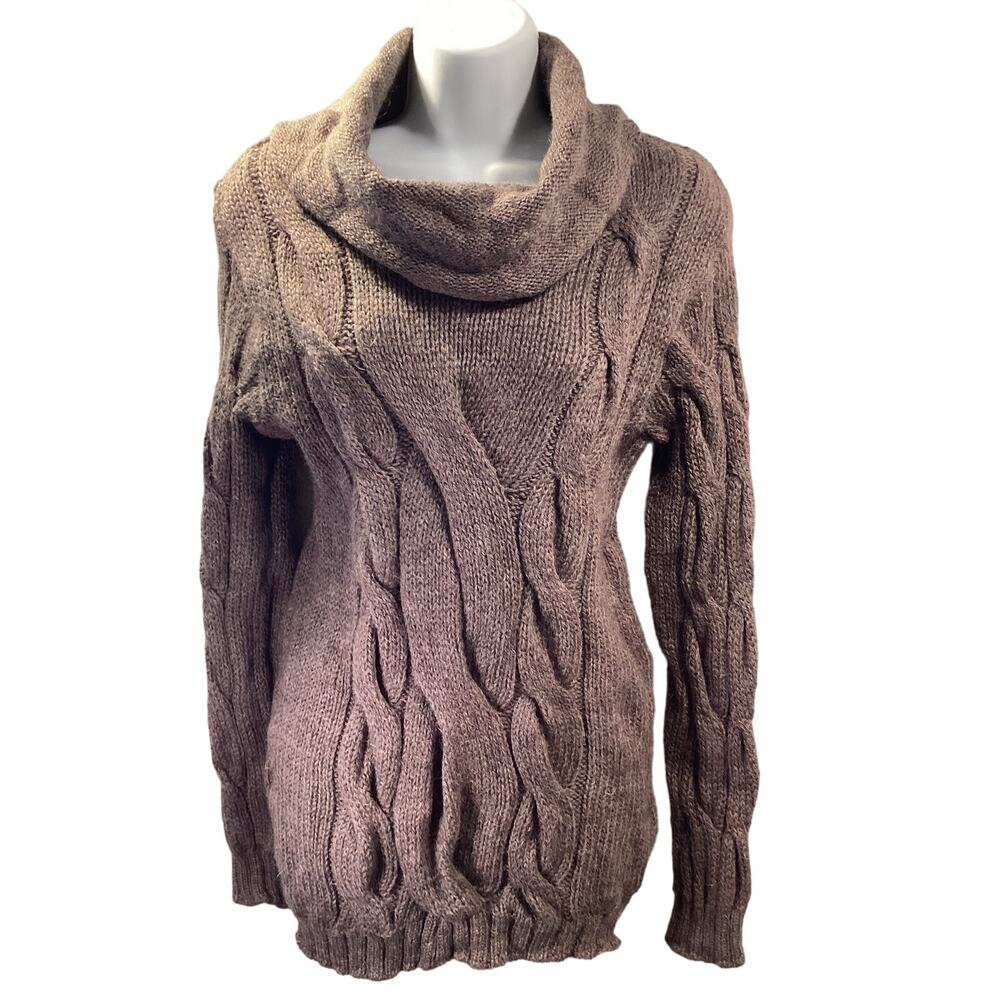Highland Home Industries Brown Cable Knit 100% Wool Tunic Cowl Neck Sweater S